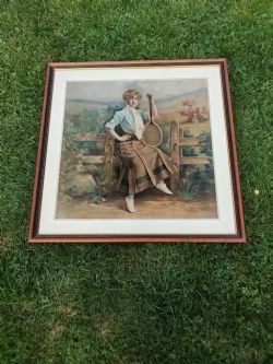EDWARDIAN LADY TENNIS PLAYER TAPESTRY FRAME GLAZED