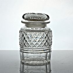 GEORGIANREGENCY STRAWBERRY DIAMOND CUT GLASS CYLINDRICAL PICKLE JAR AND COVER