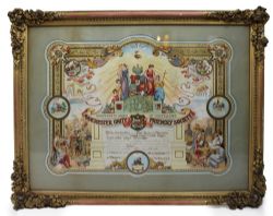 EDWARDIAN ODDFELLOWS MANCHESTER UNITY FRIENDLY SOCIETY CERTIFICATE WORCESTER 1905
