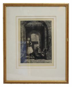 VICTORIAN ETCHING OF ORIENTALIST SCENE IN GILT FRAME C1880