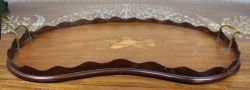 ANTIQUE INLAID WOODEN TRAY WITH BRASS HANDLES