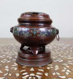 ANTIQUE CHINESE CLOISONN BRONZE TRIPOD CENSER C1890