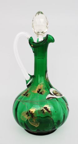 ANTIQUE VICTORIAN HANDPAINTED EMERALD GREEN GLASS CLARET JUG