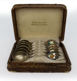 CASED SET OF 6 CANADIAN STERLING SILVER ENAMEL SOUVENIR SPOONS C1930