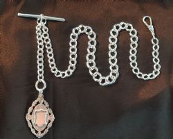 STERLING SILVER ALBERT CHAIN WITH T BAR AND FOB ALBERT SYDENHAM C1893