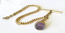 ANTIQUE ROLLED GOLD CHAIN AND HAY MAKING INTAGLIO FOB