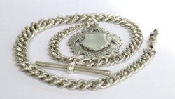HEAVY ANTIQUE SILVER POCKET WATCH CHAIN AND FOB