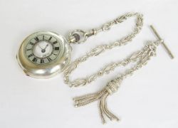 SWISS SILVER HALF HUNTER FOB WATCH AND CHAIN