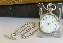 ANTIQUE SILVER FOB WATCH AND CHAIN