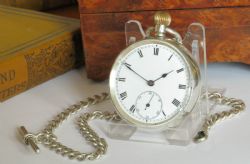 ANTIQUE 1908 SILVER POCKET WATCH AND CHAIN