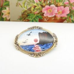 VINTAGE SILVER GILT ENAMEL COASTAL SCENE BROOCH BY ARNE NORDLIE