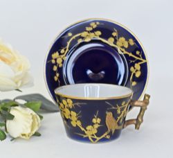 CHARLES FIELD HAVILAND LIMOGES COBALT RAISED GILT BIRD COFFEE CUP AND SAUCER