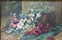 BRITISH SCHOOL WATERCOLOUR STILL LIFE OF FLOWERS FRUIT AND POTTED PLANT